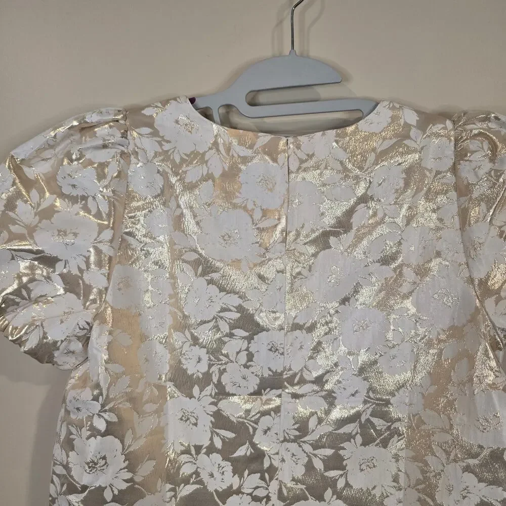 NEW NWT Women's J. Crew Gold Shimmer Floral Blouse Puff Sleeve FLAWED | Small